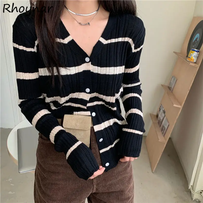 

Женский Повседневный Кардиган в полоску, с V-образным вырезом и длинным рукавом
