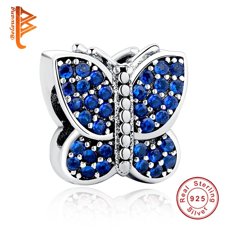 

Оптовая продажа, модный шарм-бабочка с синим кристаллом, Настоящее серебро 925 пробы, бусина подходит для оригинального браслета «сделай сам...