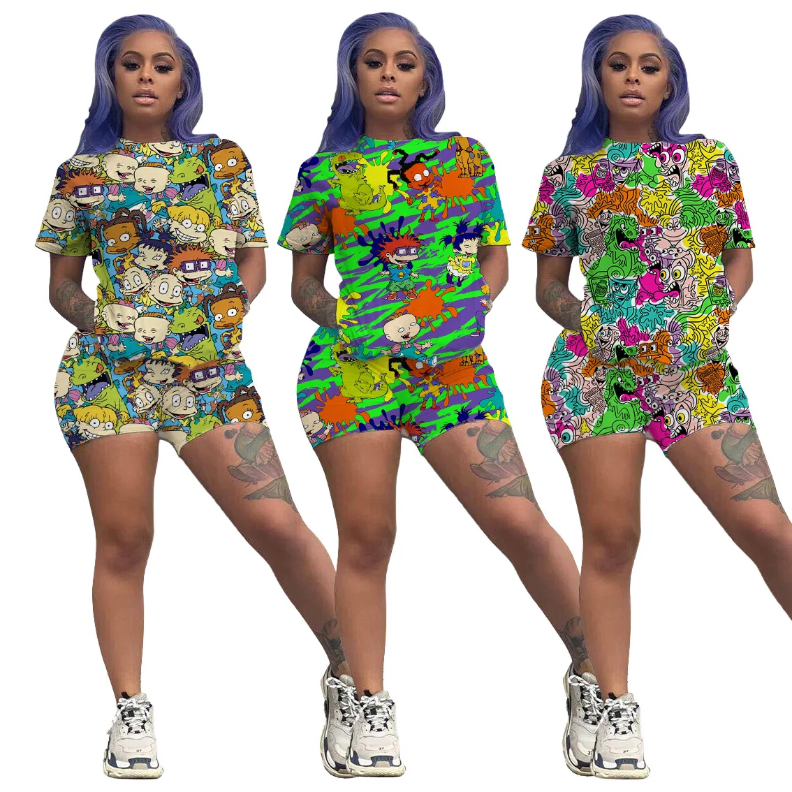 

Women's Summer Fashion Casual Printed O Neck Short Sleeve Top and Shorts 2 Piece Sets