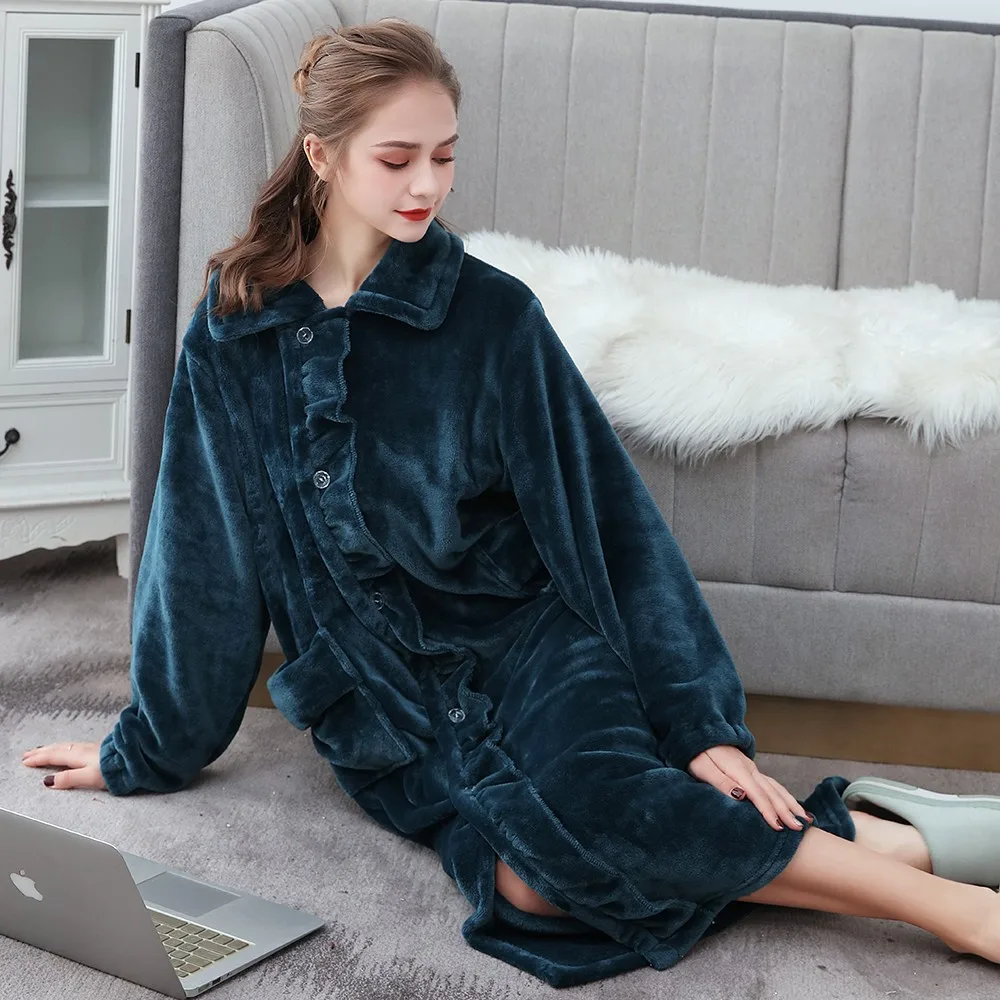 

2021 Winter New Nightgown Home Clothes Lingerie Women Nightdress Soft Flannel Kimono Gown Coral Fleece Warm Bathrobe Sleepwear