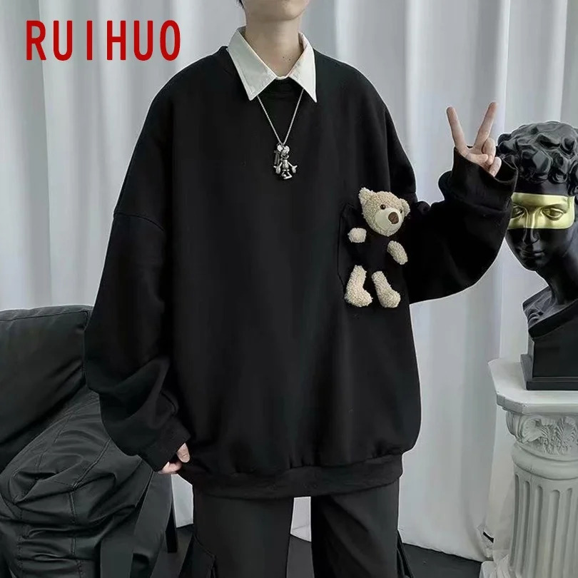 Свитшот RUIHUO с изображением медведя куклы Мужская одежда топы в стиле Харадзюку