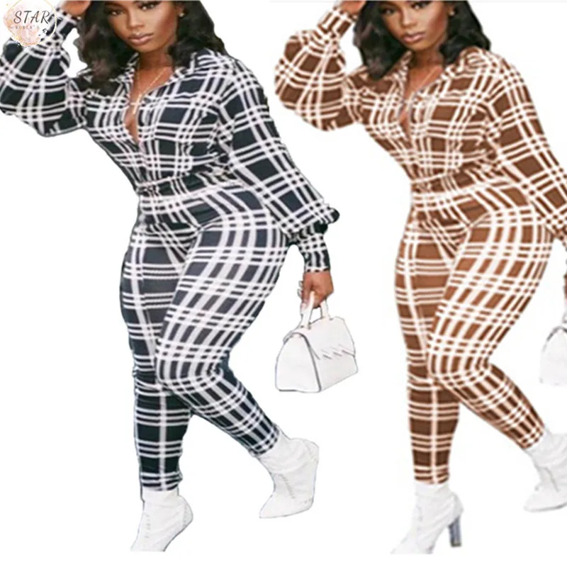 

Fitted Jumpsuits Women 2021 Plaid Print Zipper Fashion Streetwear Casual High Quality One Piece Romper Wholesale Dropshipping
