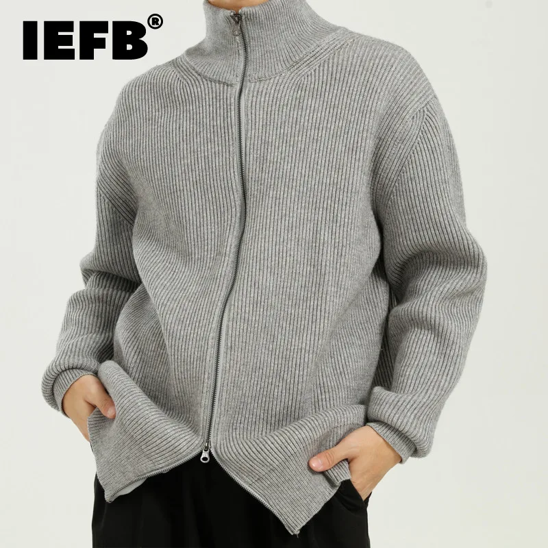 

Мужская одежда IEFB, серый вязаный кардиган на молнии, свитер, новинка 2021, свободная утепленная теплая вязаная кофта с воротником-стойкой на о...