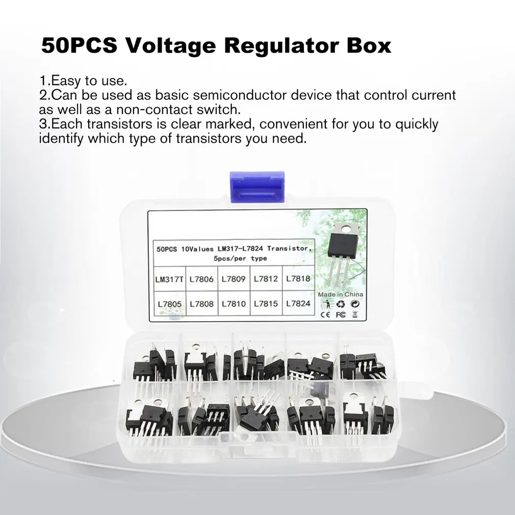 50PCS Voltage Regulator Box Transistor Assortment Kit 10 Value LM317T L7805 L7806 L7808 L7809 L7810 L7812 L7815 L7818 L7824 |