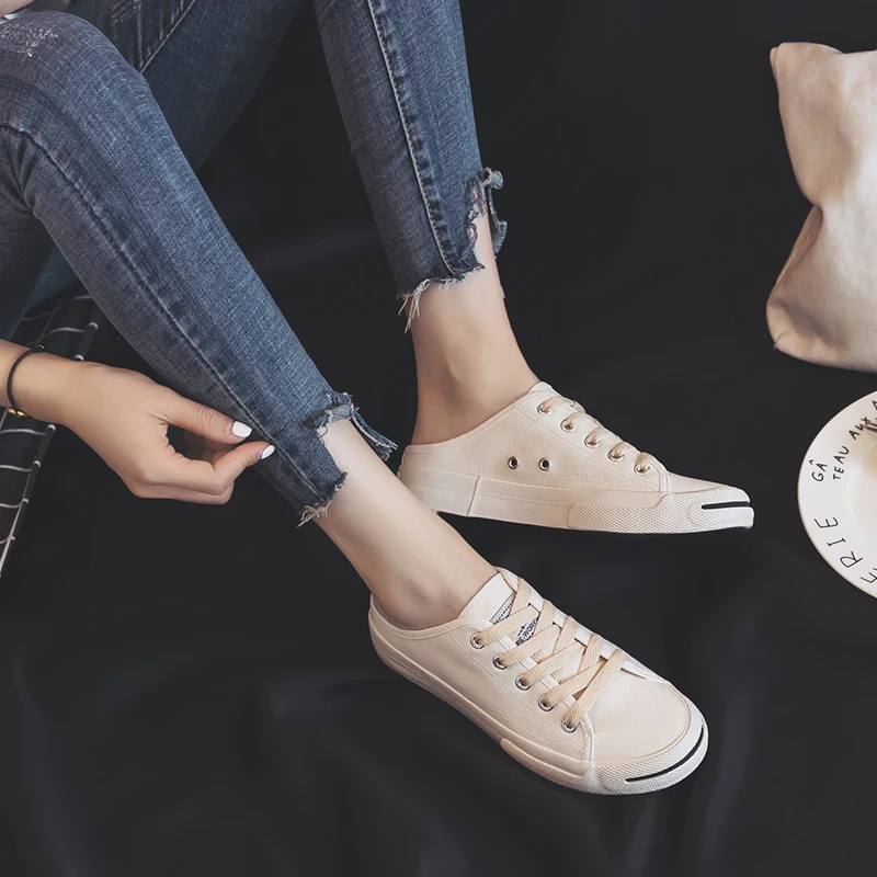 

Spring and summer new student canvas shoes women's fashion lace up board shoes small white shoes sandals half slippers
