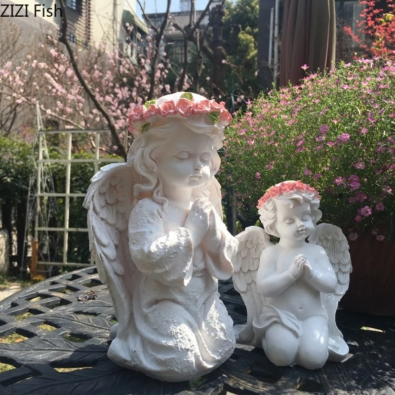 Чистый белый Ангел статуя смолы мальчик и девочка Статуэтка украшения