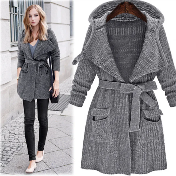 

Autumn/Winter Knitted Windbreaker Loose Casual Elegant Lace-up Cardigan Commuter Warm Hooded Sports Jacket Sweater Ladies Blouse