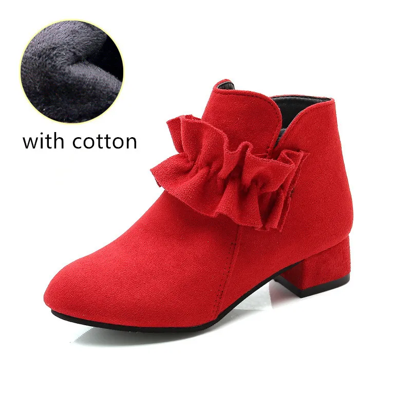 red with cotton Mumoresp/ботинки для девочек; теплые хлопковые ботинки из флока; сезон осень-зима; Детские ботильоны с оборками; детские ботинки принцессы на высоком каблуке - Цвет: red with cotton