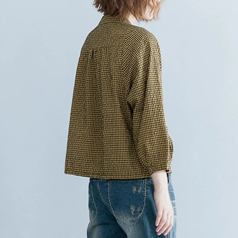 

Women Cotton Linen Casual Shirts New Arrival 2020 Autumn Vintage Plaid Stand Collar Loose Female Long Sleeve Tops S2093