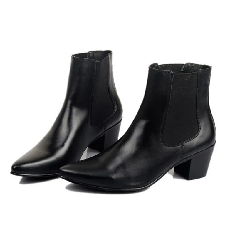

Pointed Toe Genuine Leather Men Boots Spring Autumn British Style High Heels Ankle Boots Fashion Slip On Chelsea Boots 37-43