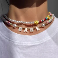 bohemia custom shell letter polymer clay beaded necklace for women candy bead pearl name initial choker collar diy femme jewelry