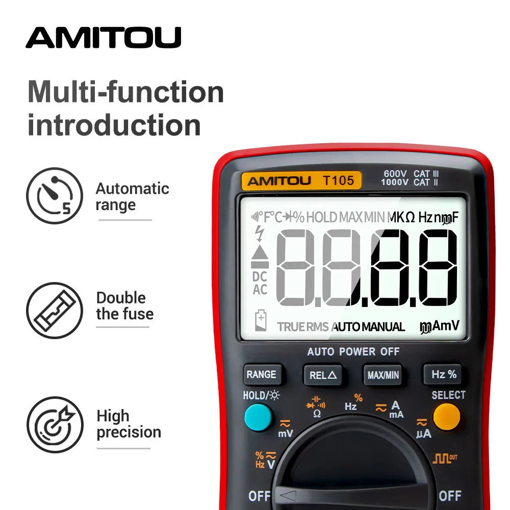 Цифровой мультиметр T105 с Умной защитой амперметр переменного/постоянного тока