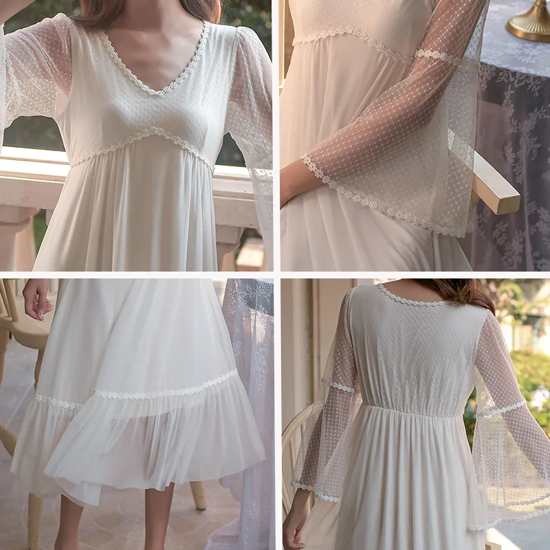 

Vintage Court Style Nightdress for Women Spring/Summer Three-Quarter Sleeve Modal Sweet Lace Nightgown Mesh French Fairy Pajamas