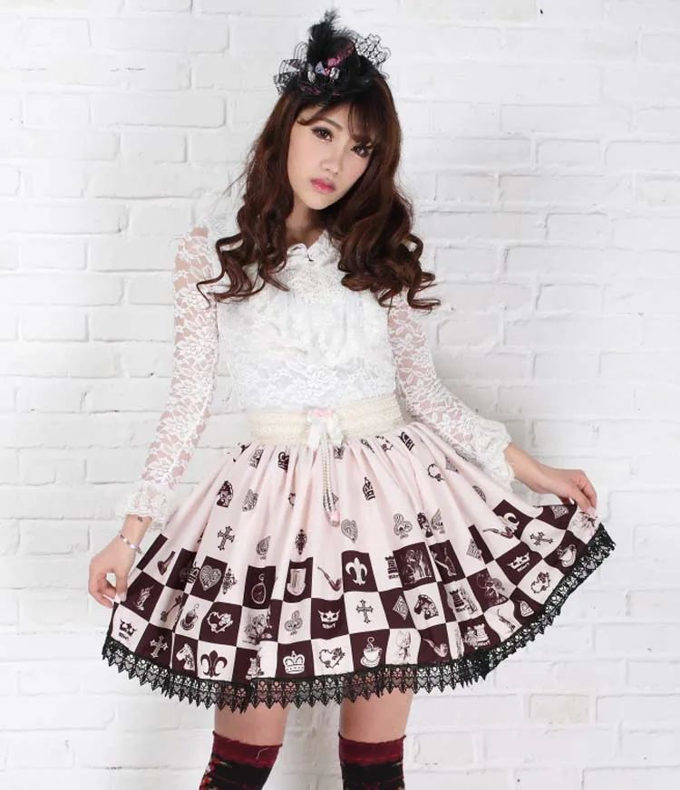Lolita princess skirt Sweet Alice in wonderland chess poker print plaid pleated gentlewomen elastic waist lady skirts | Женская одежда