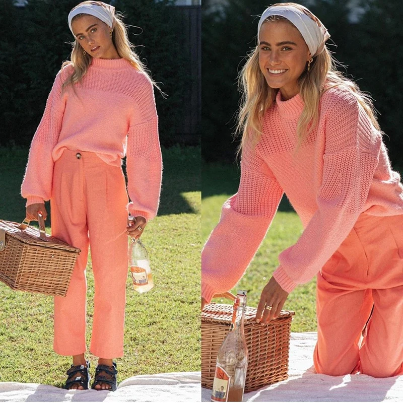 

New Casual Knitted Sweater Women Autumn Winter Elegant Sweaters Vintage Long Sleeves O-neck Pullover Loose Solid Tops XA364F