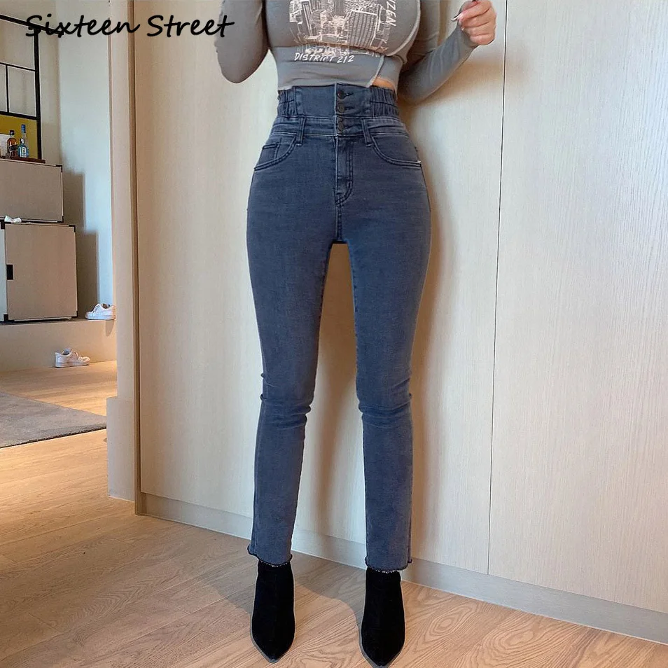 

Chic Design Skinny Jeans Women Breasted Button Fashion Korean Style Female Denim Pencil Trousers Vintage Y2K Aesthetic Slim 2021