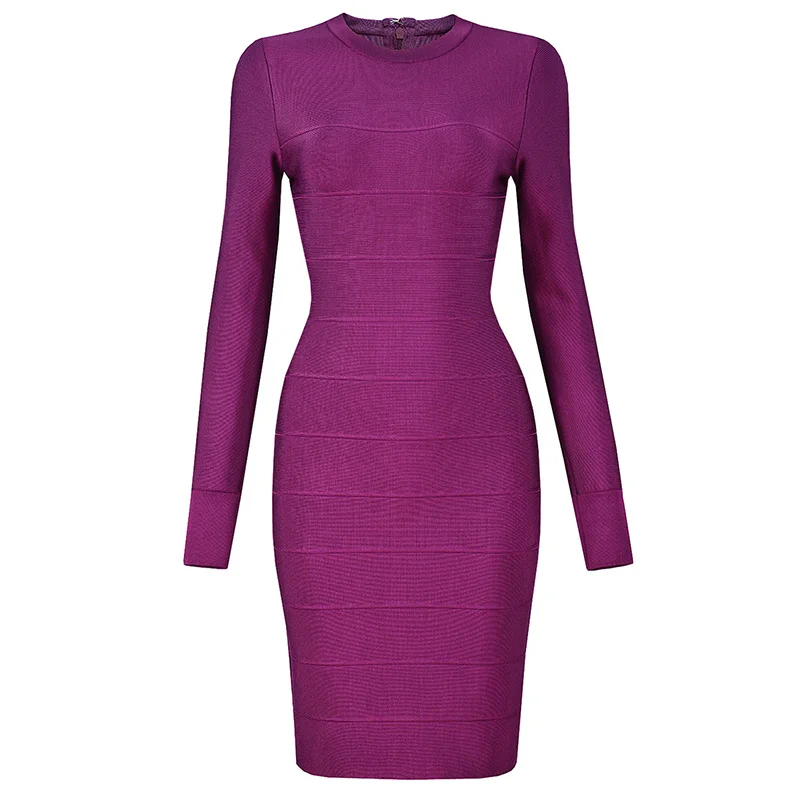 

High Quality Purple Long Sleeve Bodycon Rayon Bandage Dress Elegant Club Party Dress