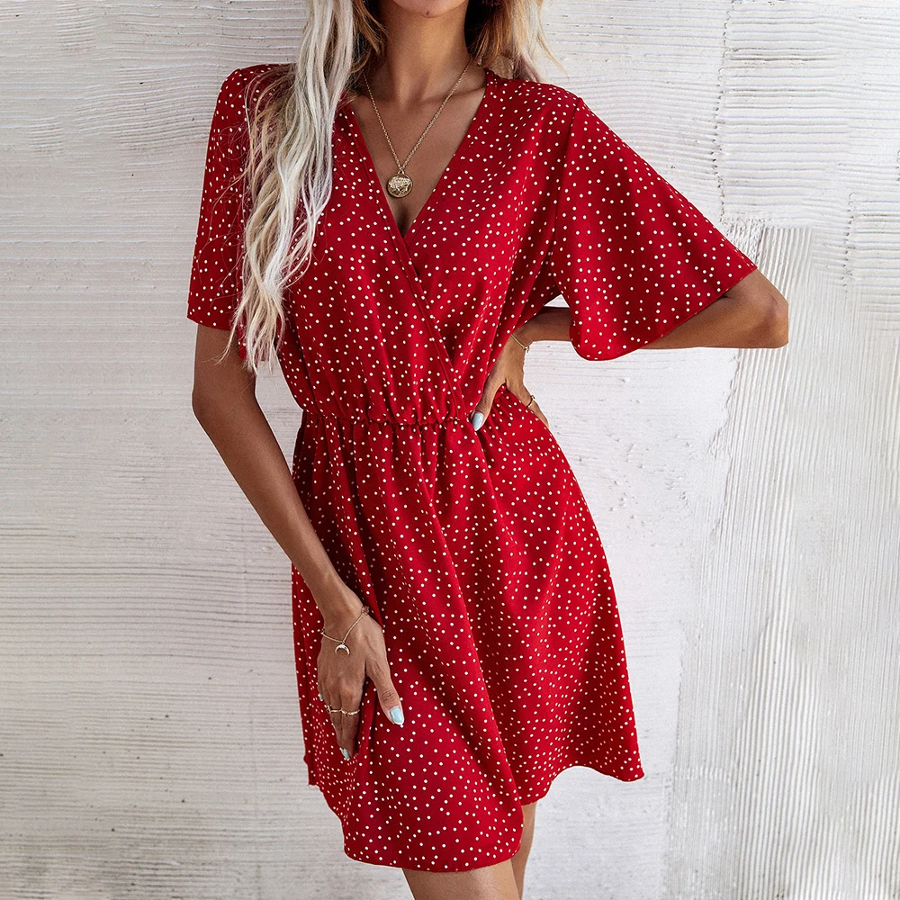 

Women Polka Dot Print Mini Dress Elegant A-Line Sexy V Neck Vintage Dresses Female Slim Fit Stretch Casual Ladies Vestidos D30