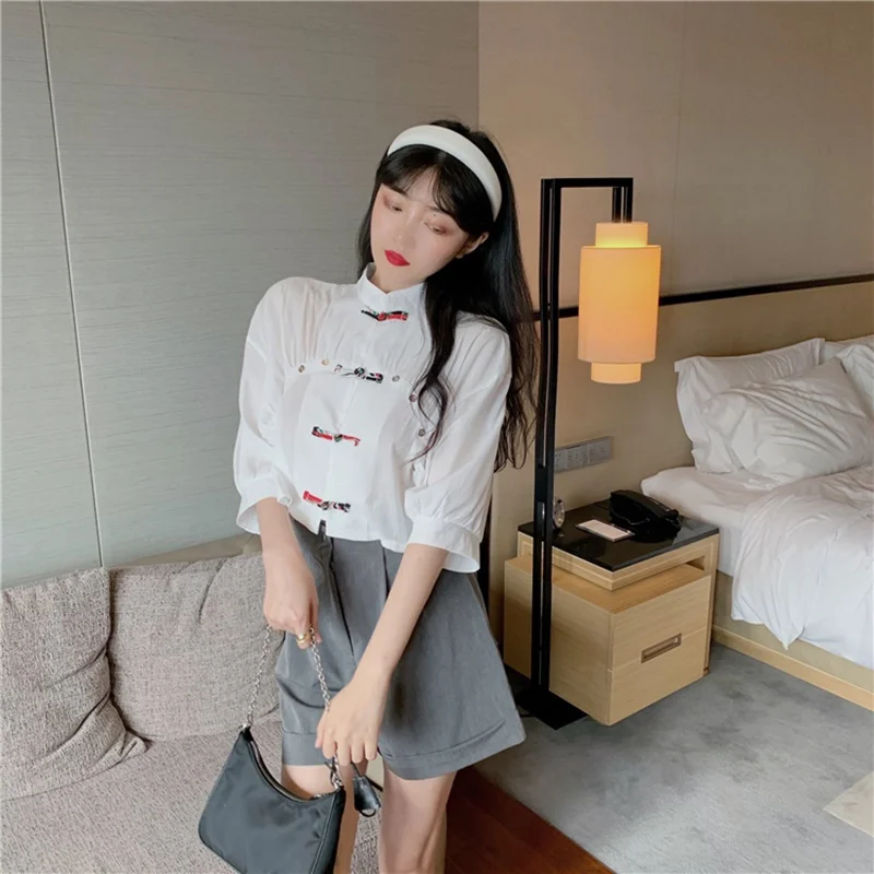 Женский укороченный топ с пышными рукавами костюм Тан в китайском стиле белая