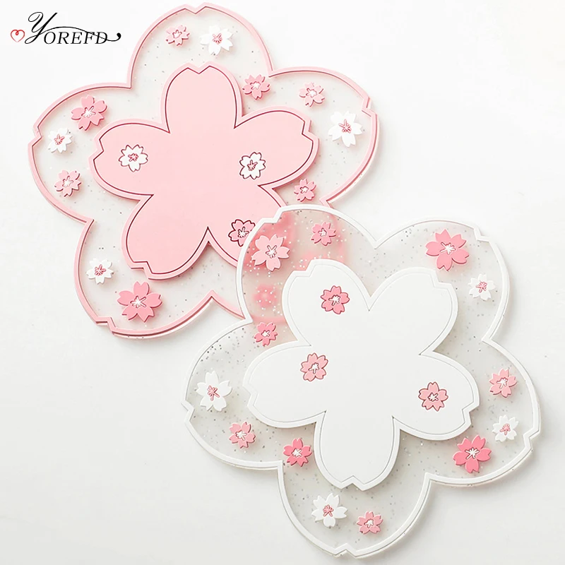 OYOREFD 2Pcs/set Cherry Blossom Heat Insulation Table Mat Office Anti-skid Tea Cup Milk Mug Coffee Coaster Accessories |