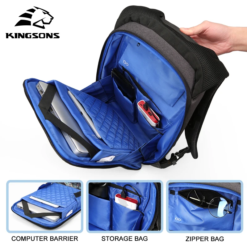 Рюкзак Kingsons KS3149W для ноутбука с внешней зарядкой от USB 13 3 и 15 6 дюйма школьная сумка