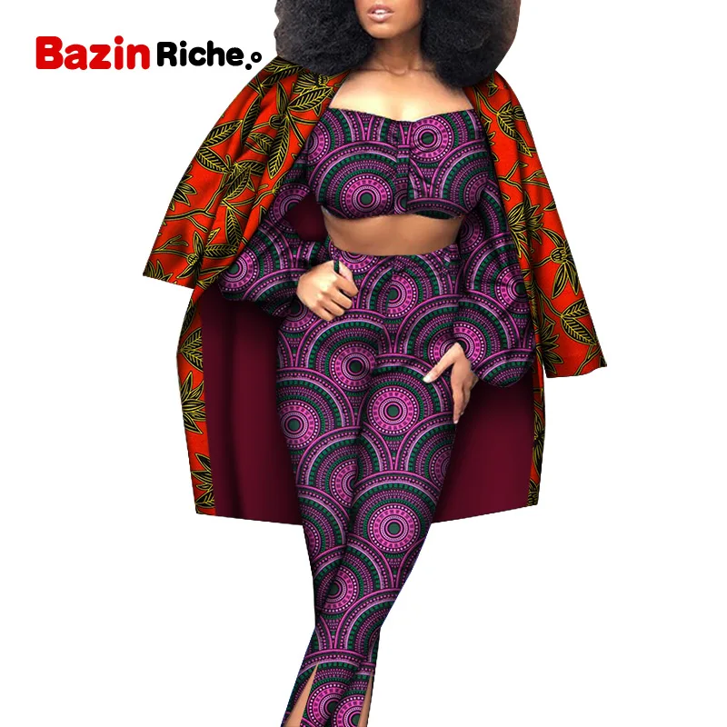 Pant Set Spring 3 pcs Suit African Dresses for Women Mini  Top and Long Pant and Long Sleeve Coat  Sexy Lady Dress WY6447