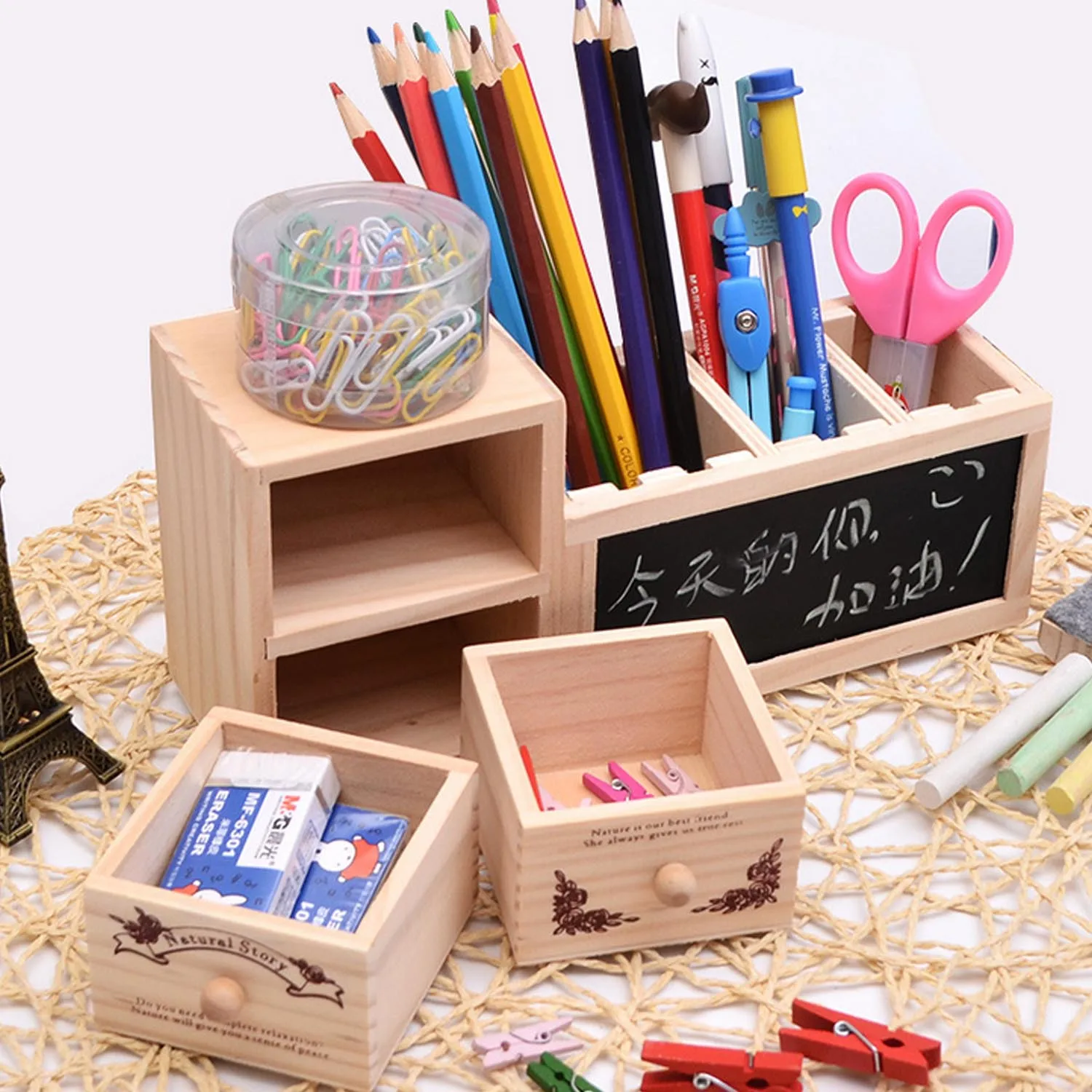 Kawaii Деревянный держатель для ручек Регулируемый контейнерный горшок карандашей