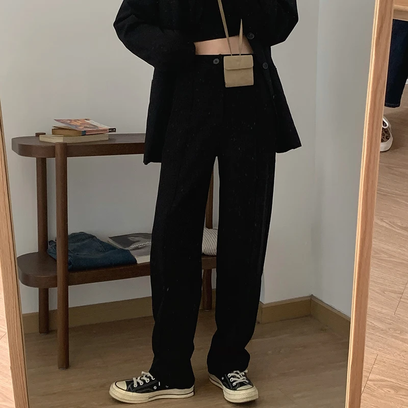 

Pants Straight Women Pants High Waist Slim Solid Color Female Trousers Plus Size Korean Style Vintage Office Lady Wide Leg Long