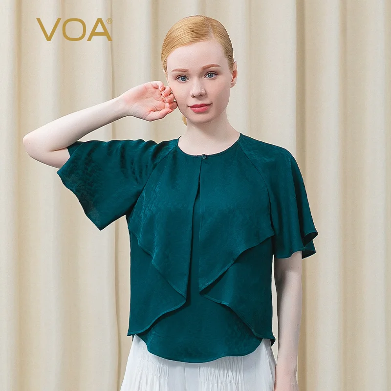 

VOA Silk Jacquard Peacock Green Woman Tshirts BE613 O-Neck Butterfly Sleeve Three-dimensional Decorative Loose T-shirt Summer