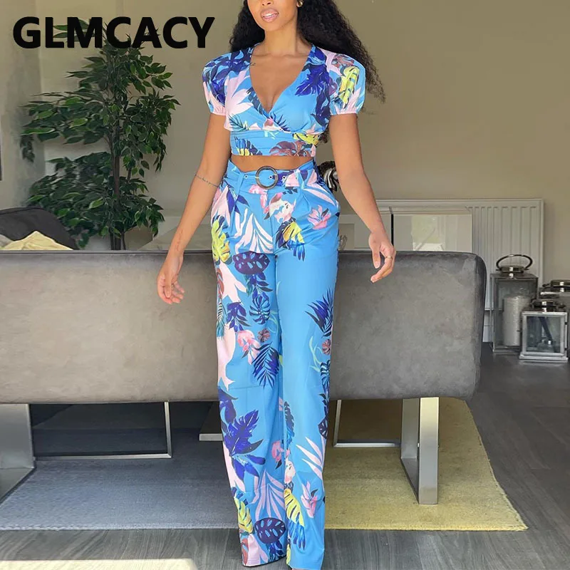 

Women Tropical Printed Two Piece Suits Short Sleeve Crop Top & Slim Pants Set
