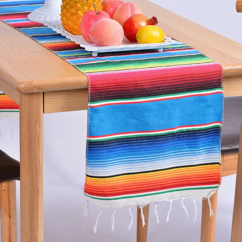 14x84 Inch Mexican Serape Table Runner Cloth Cover For Mexican Tablecloth Party Wedding Decoration Fringe Cotton Table Runner