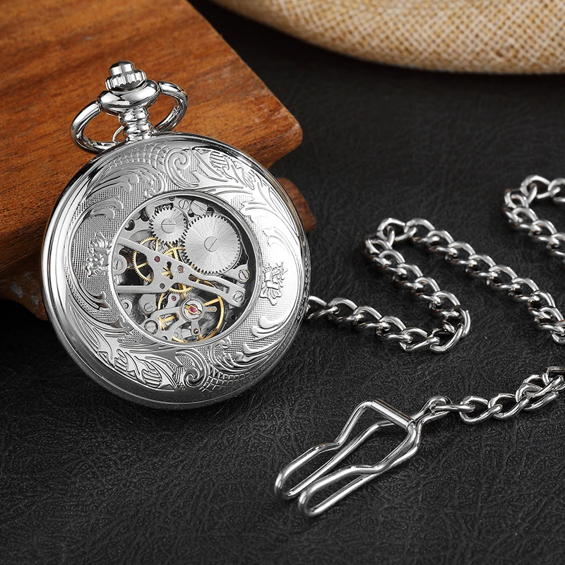 Deer Pattern Mechanical Pocket Watch Skeleton Vintage Antique Sliver Hollow Animal Engraved Male Fob Chain Clock for Men Women