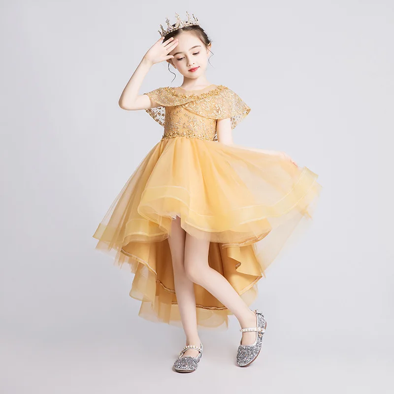 Golden tail Бальные платья высокого качества с кружевной аппликацией и бусинами, пышное длинное платье для первого причастия для девочек, торжественное платье для свадебной вечеринки - Цвет: Golden tail