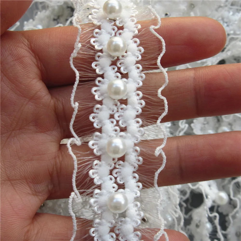 1 Yards White/black Pearl Beaded Elastic Lace Trim Tape Ribbon Fabric Collar Dress Sewing Garment Headdress Materials 25mm | Дом и сад