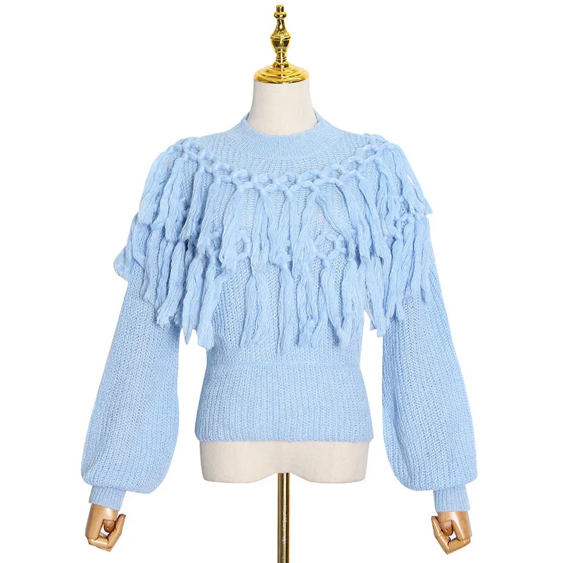

Design year new sweater design sense woven tassel outside short lantern sleeve sweater women