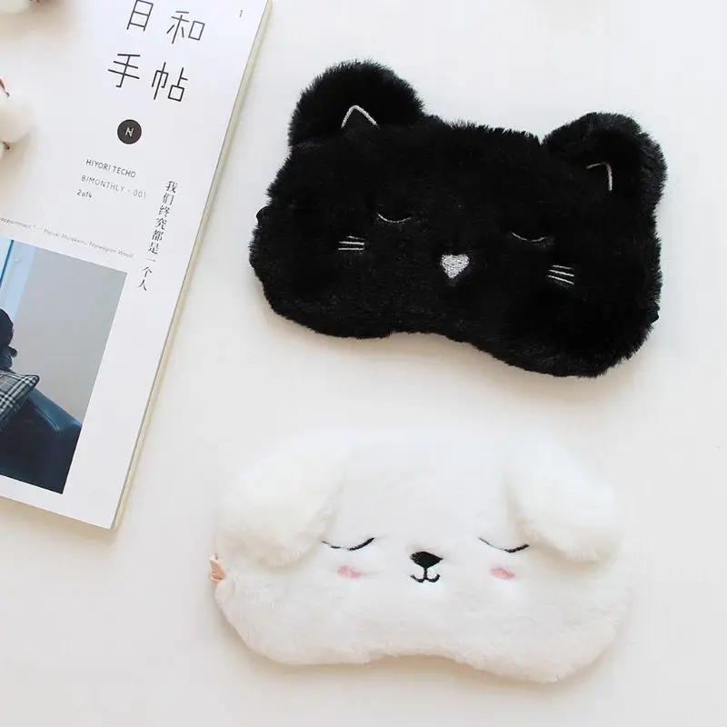 Плюшевая маска для сна в японском стиле унисекс черная кошка белая собака