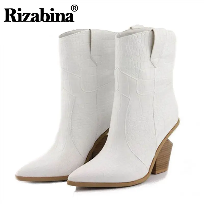 RIZABINA/размер 33-46, женские сапоги до середины икры зимние модные теплые ботинки на меху с каменным узором в европейском стиле Дизайнерская обувь
