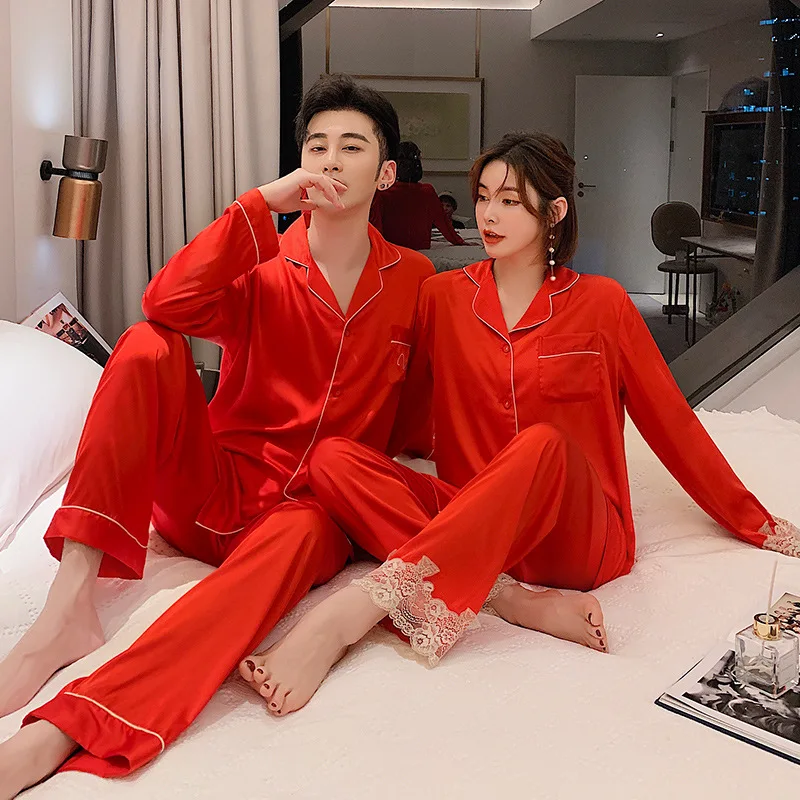 

FZSLCYIYI Summer Fashion Sleepwear Lace Trim Satin Lovers Pajamas Set Couple Long Sleeve Suit Casual Two-Piece Elastic Homewear