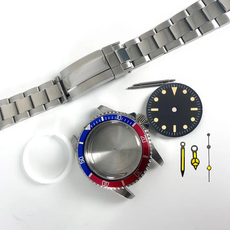 

40mm Case Strap Set Acrylic Glass Sub Blue Red Aluminum Ring 316l Stainless Steel For 2813 8215 2836 8200 Movement