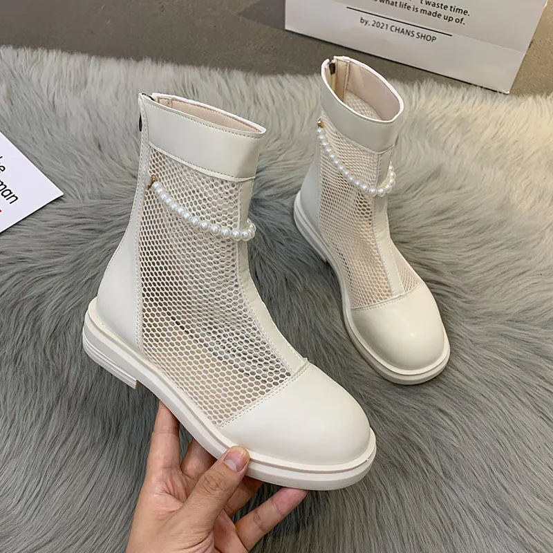 

Short Tube Mesh Boots Women's Shoes 2021 New Spring and Autumn Pearl Mesh Hollow Thick Heel Non-slip Fashion Martin Boots