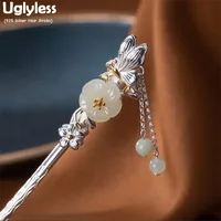Uglyless Han Chinese Clothing Dress Eastern Hair Sticks for Women Nature Jade Flower Hair Forks Solid 925 Silver Hair Decoration