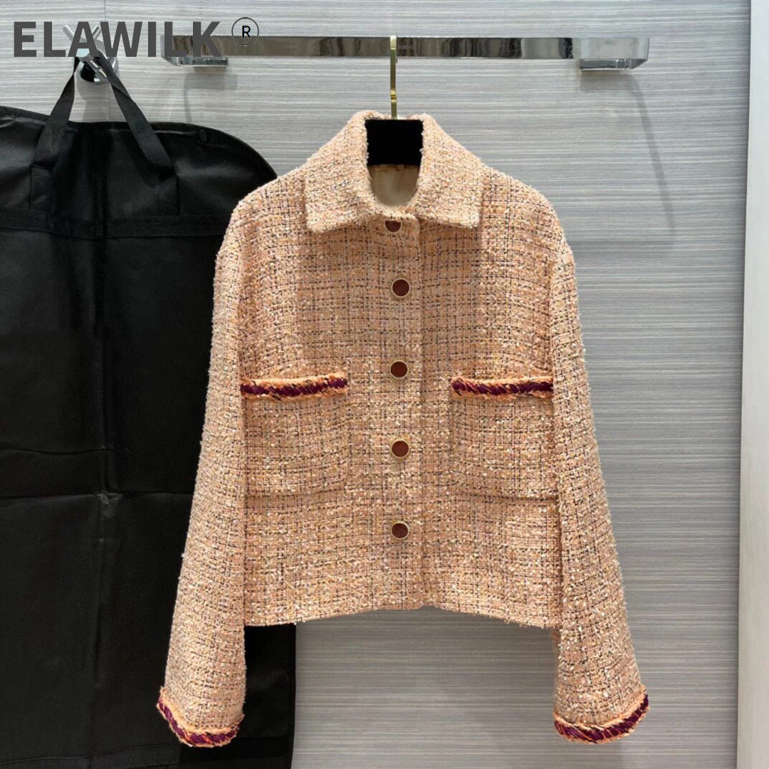 

2021 New Spring Orange Color Plaid Weaving Tweed Retro Jacket Women Lapel Single Breasted Pocket Loose Sweet Coat Dot Silk Liner