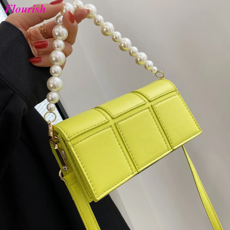

Fashion Stitched Leather Small Handbag Pearl Shoulder Bags Baguette Summer Little Bag Cute Side Bag Crossbody Bags for Women Sac