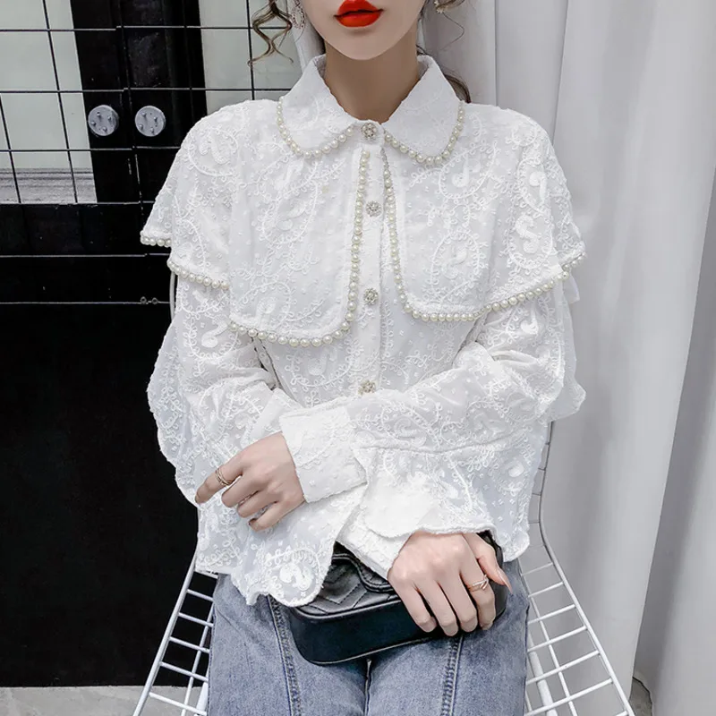 #2007 белые бежевые кружевные рубашки для женщин двухслойный воротник сексуальные