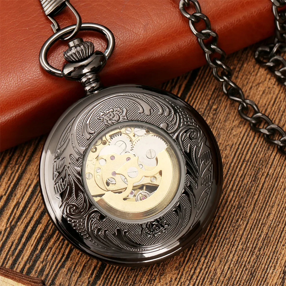 Mechanical Self Winding Pocket Watch Hollow Wheel Gold Roman Numerals Display Antique Pendant Pocket Timepiece with Thick Chain