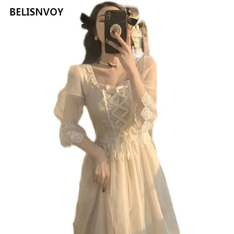 

Korean 2021 New Summer Chic Lace Sweet Elegant Dress Women Evening Party One Piece Dress Kawaii Short Sleeve Dress Female Square