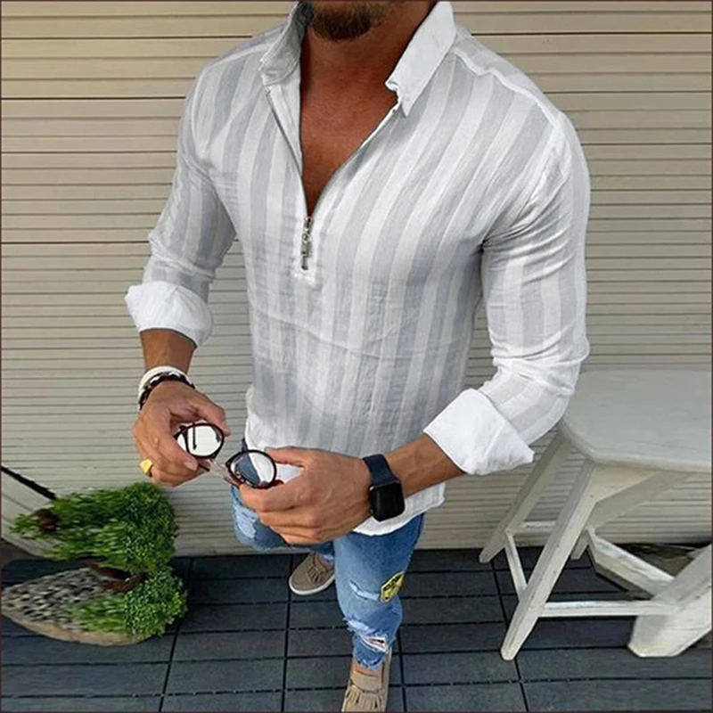 

2022 Fashion Casual Striped Shirts Men Long Sleeve Zippers Turn-down Collar Streetwear Fitness Outerwear Chic Mens Shirt