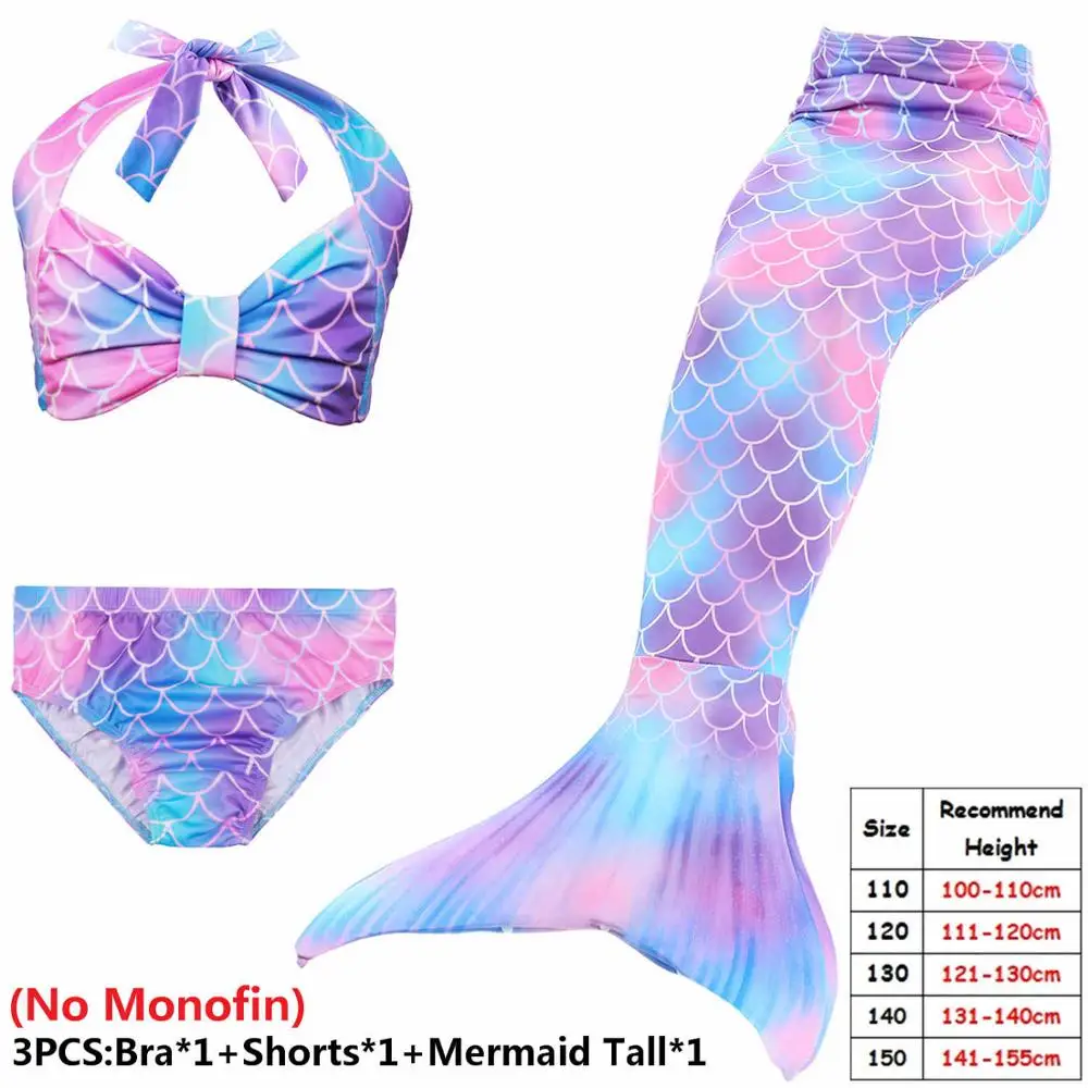 3pcs NO Monofin Детский Костюм Русалки с хвостом русалки для плавания, Костюм Русалки с монофином для девочек, купальный костюм с бикини, Флиппер - Цвет: 3pcs NO Monofin