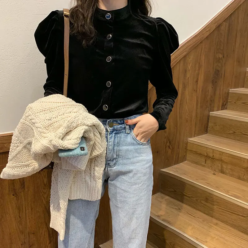

Alien Kitty 2021 Black Vintage Chic Basic Solid Velvet Blouses Retro Sweet Stylish -Match Loose Office Lady Casual Shirt