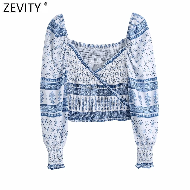 

Zevity Women Vintage V Neck Patchwork Floral Print Short Shirts Female Elastic Pleated Slim Blouse Chic Ruffles Crop Tops LS9346